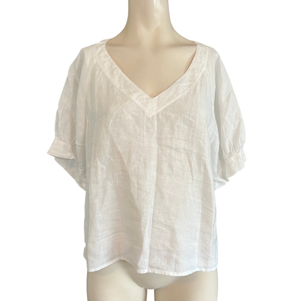 Velvet by Graham & Spencer White 100% Linen V-Neck Puff Sleeve Blouse XS USA